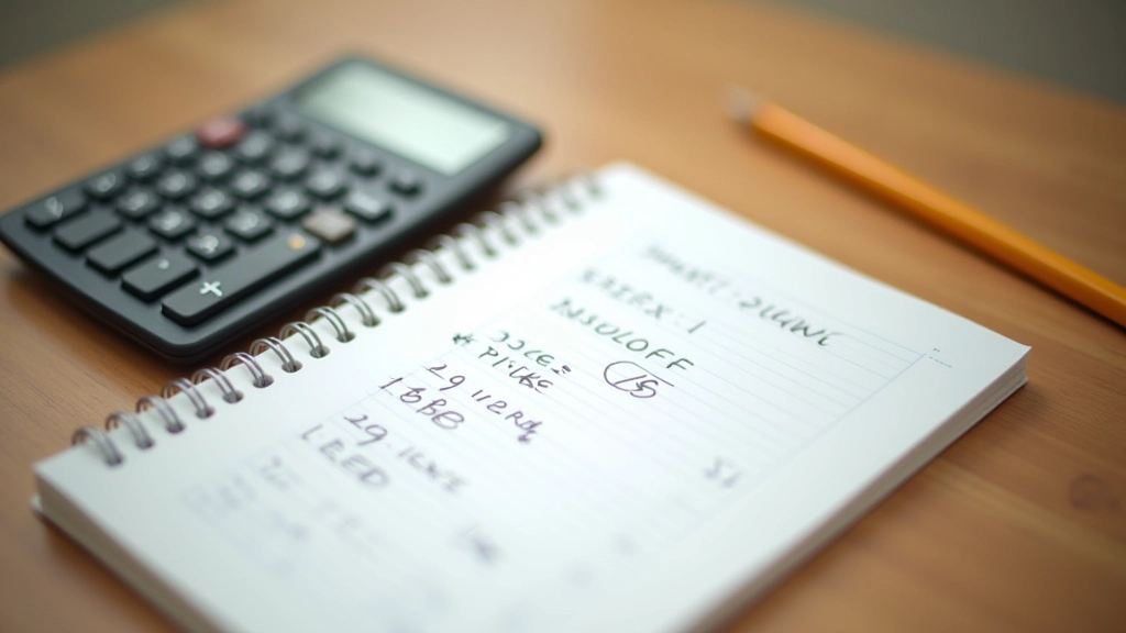 Calculator and financial notebook on desk showing expense calculations and weekly breakdowns