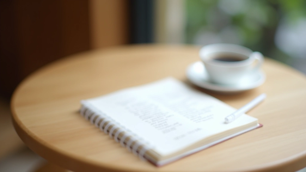 Coffee cup next to notebook with spending plan written out on cafe table