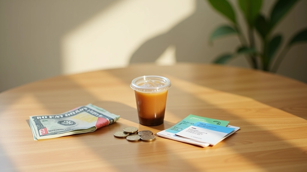 Spread of small daily purchases including bubble tea, coffee cup, snack items, and transport card on wooden surface