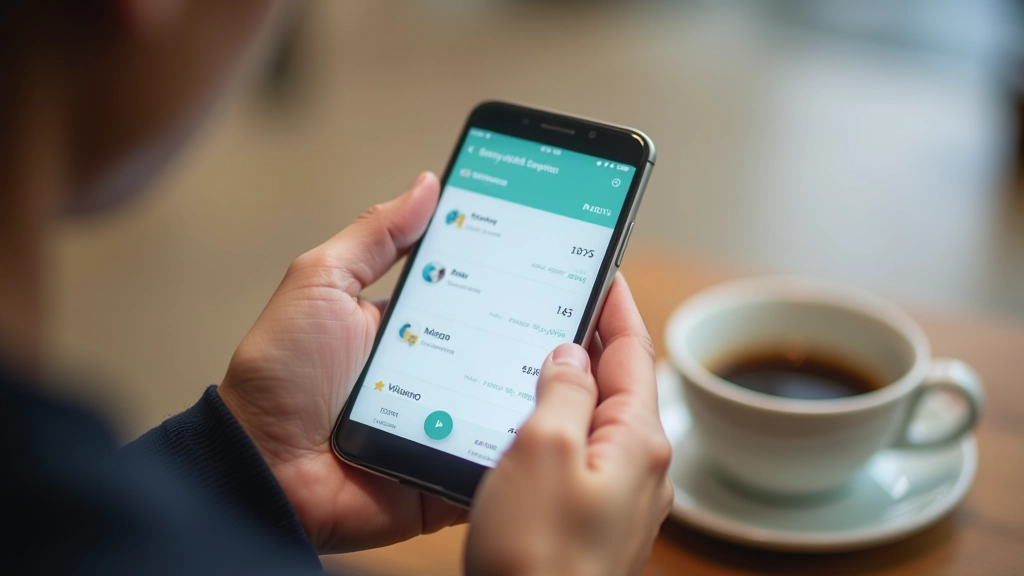 Smartphone showing expense tracking app with categories for food, transport, and daily purchases, hands holding phone