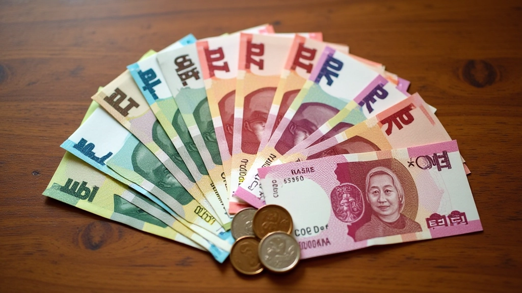 Close-up of Hong Kong cash notes and coins arranged on wooden surface