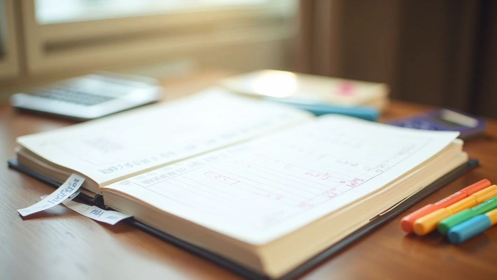 Open notebook with handwritten spending categories, colored markers, and a calculator on desk with morning light