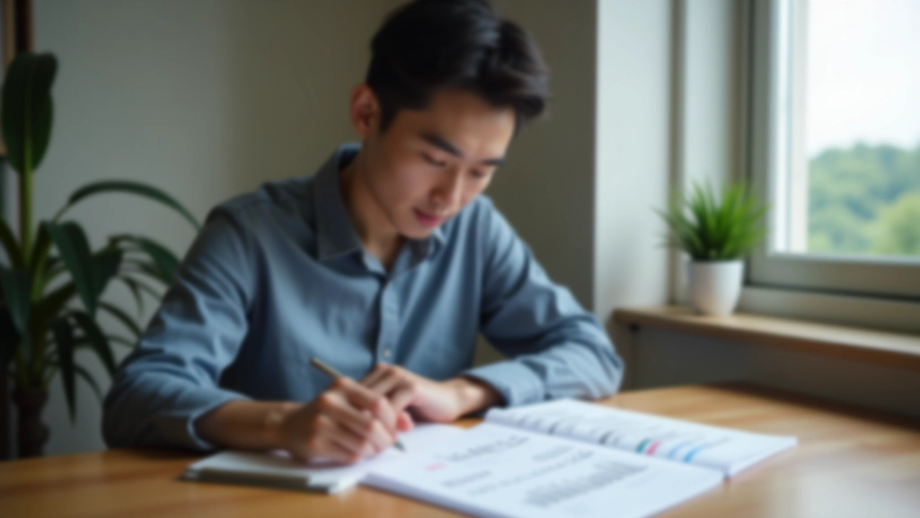 Person analyzing spending data on notebook with pie chart calculations