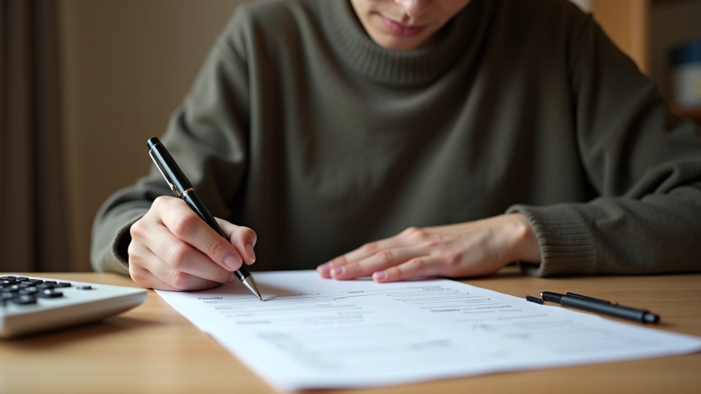 Hands reviewing printed spending data and analysis notes on wooden table with pen and calculator