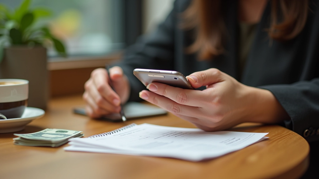 Person at café table with cash notes, Octopus card, and smartphone showing mobile payment interface