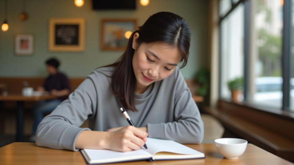 Person writing in expense journal at a cafe table with coffee cup