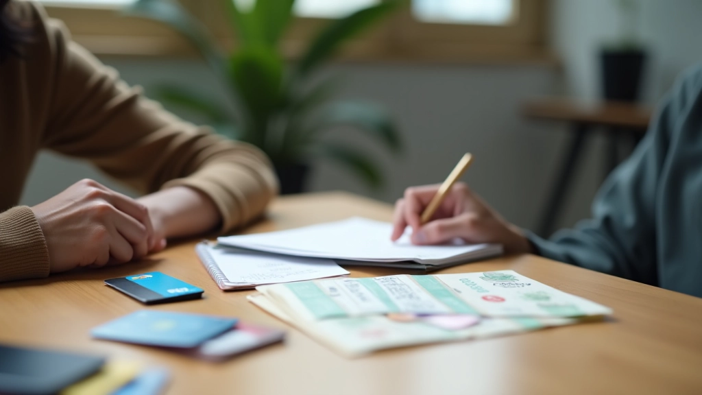 Person writing in spending journal with different payment cards visible on desk