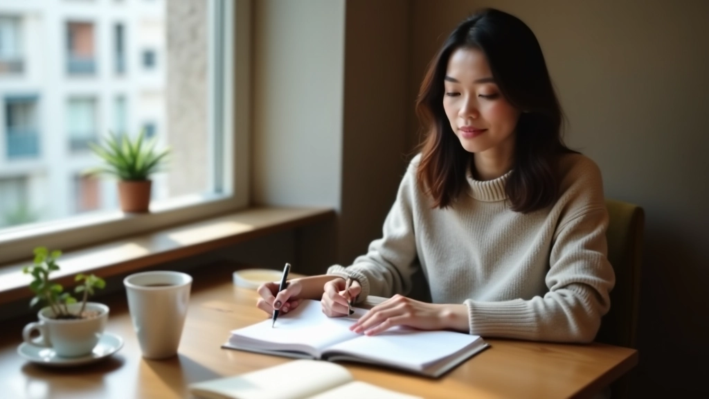 Person writing in expense journal at a cafe table with coffee cup and notebook